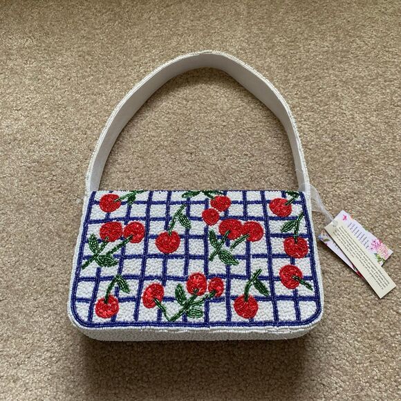 Viral Cherry Beaded Shoulder Bag NWT Navy White Red Green Summer Purse Vacation - Picture 11 of 12
